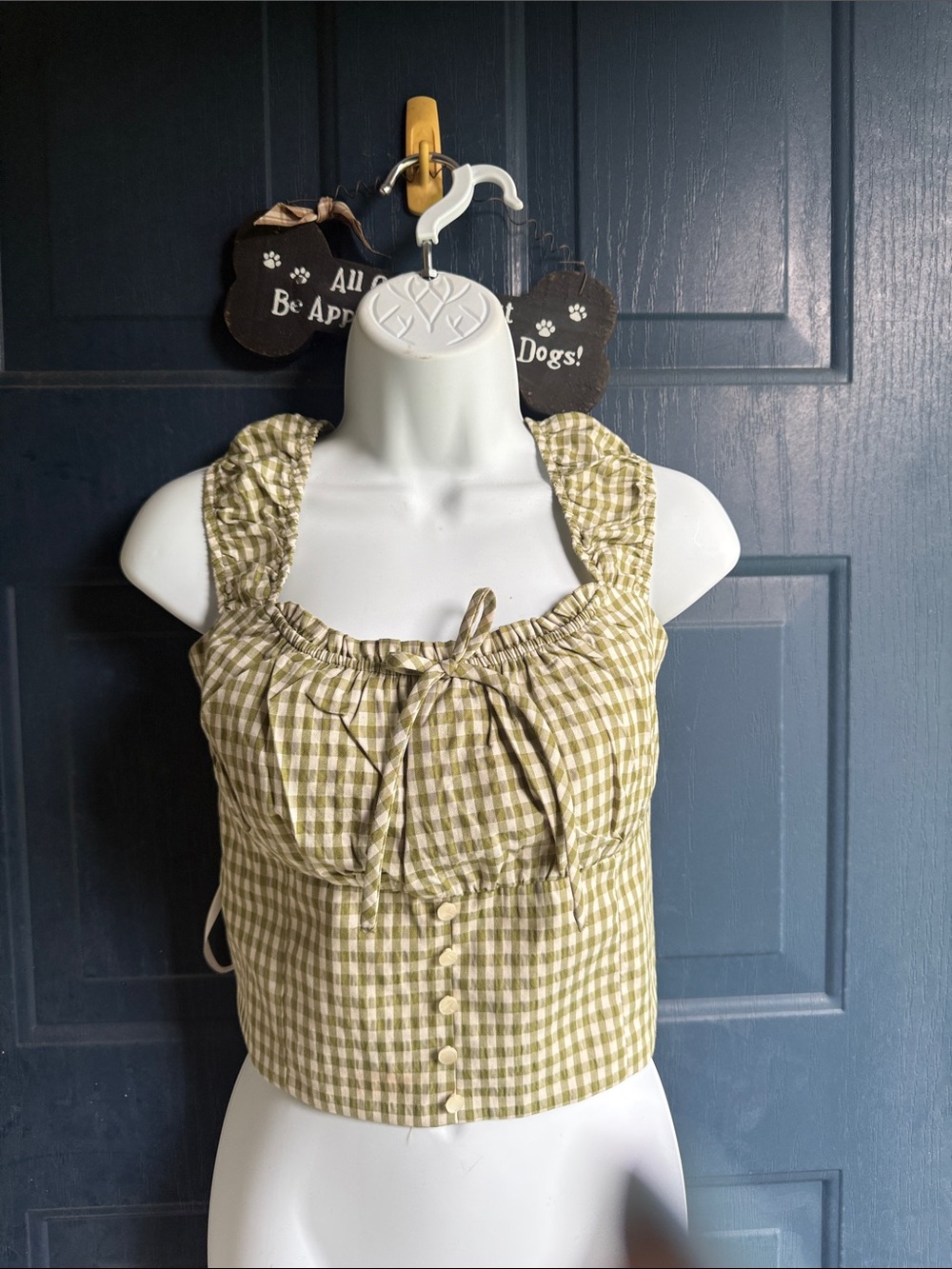 Gingham Ruffle Strap Tie-Front Crop Top - Olive